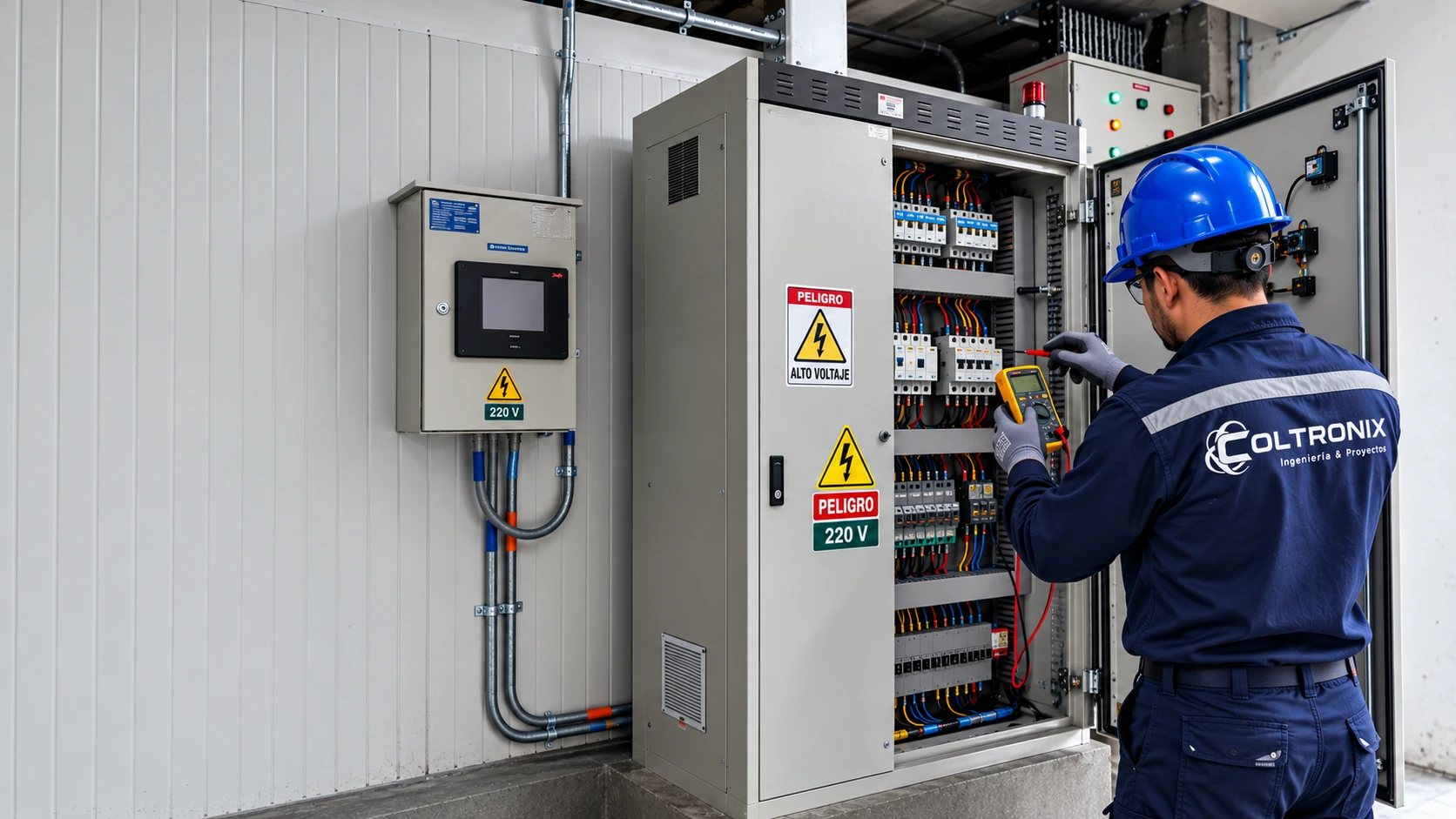 Técnico de Coltronix revisando con multímetro un tablero eléctrico en Cali