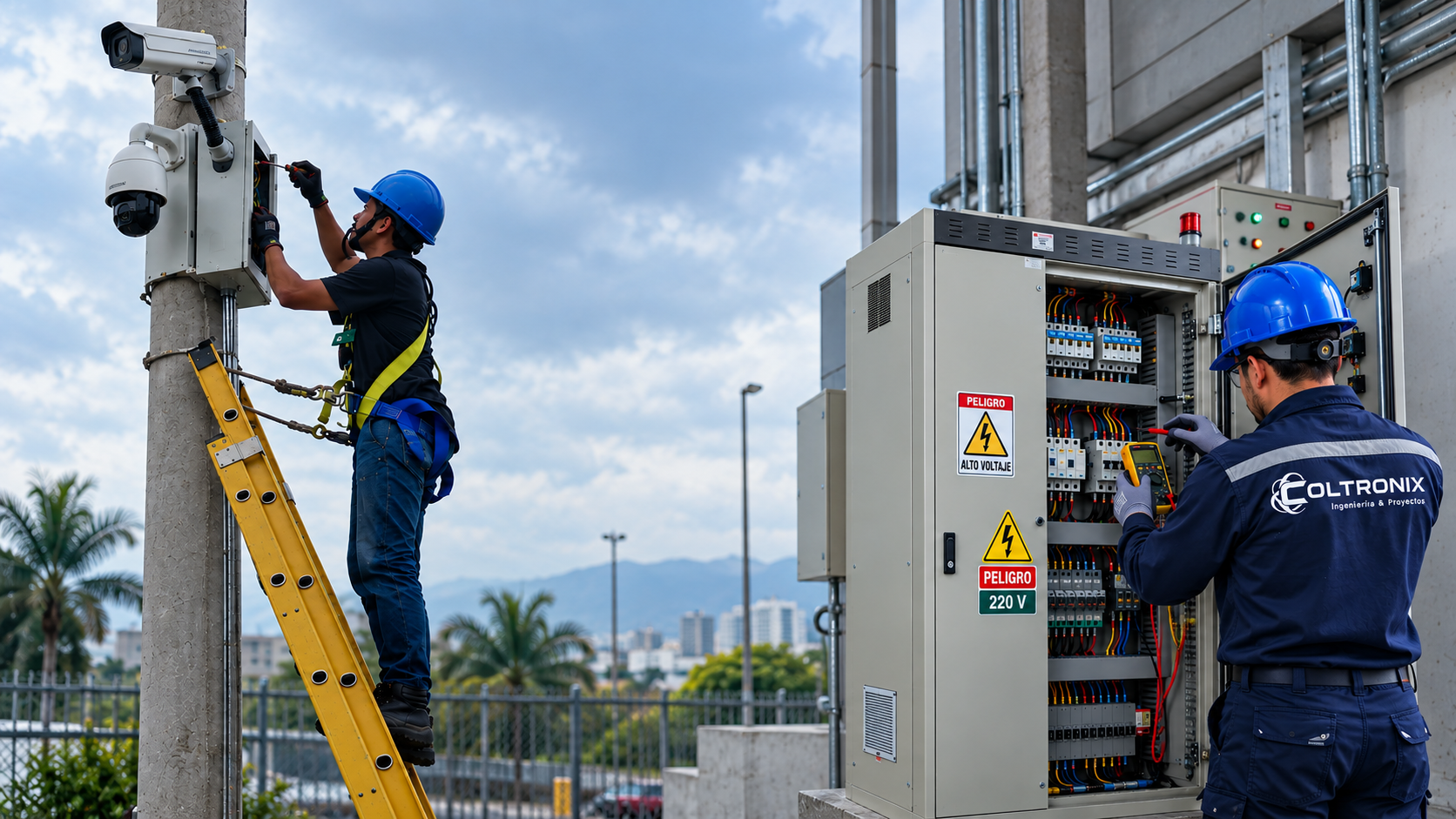 Técnico de Coltronix revisando con multímetro un tablero eléctrico en Cali